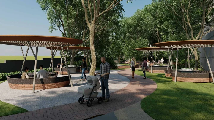 Brigade Belvedere community garden at ground level with landscaping