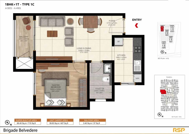 Brigade Belvedere 1 BHK Type 1C Tower A 715 sqft floor plan