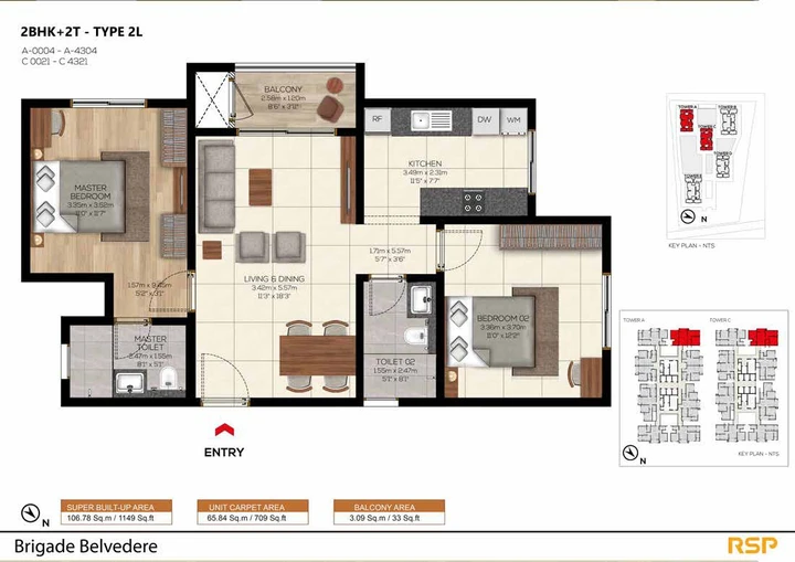2 BHK Type 2L - Towers A & C, 1,149 sq. ft.