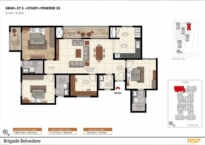 3 BHK with Study + Powder - Tower B, 2,013 sq. ft.