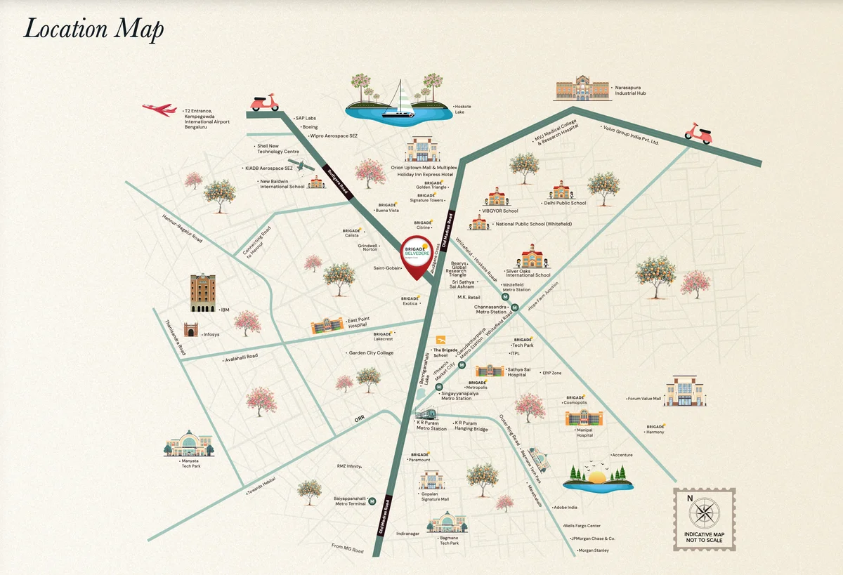 Brigade Belvedere location map showing Budigere Cross, East Bengaluru connectivity